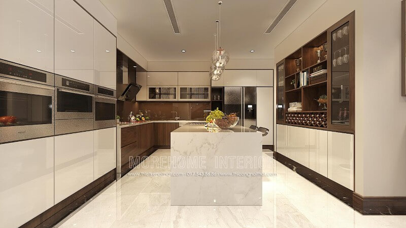 Tủ bếp hiện đại được thiết kế vô cùng hợp lí, các ngăn tủ được bố trí khoa học giúp gia chủ dễ dàng phân loại, lưu trữ vật dụng nhà bếp cũng như thuận tiện hơn cho quá trình sử dụng Tủ bếp đẹp, sang trọng và đẳng cấp