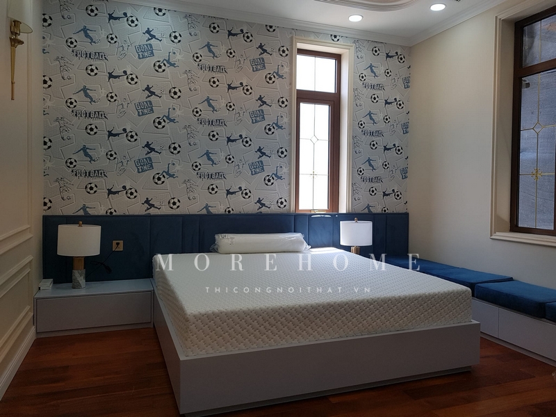 Thi công phòng ngủ cho bé trai với tông màu xanh năng động giúp biểu thị sự nam tính, sở thích và cá tính riêng của chủ nhân, tạo nên một không gian riêng tư cho phép phát triển trí tuệ và tự lập của bé.