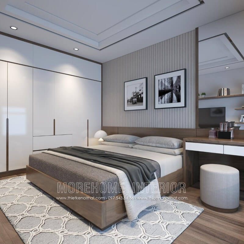 Mẫu giường ngủ gỗ công nghiệp hiện đại, tone màu nâu trầm chủ đạo mang lại không gian nghỉ ngơi ấm áp và thoải mái