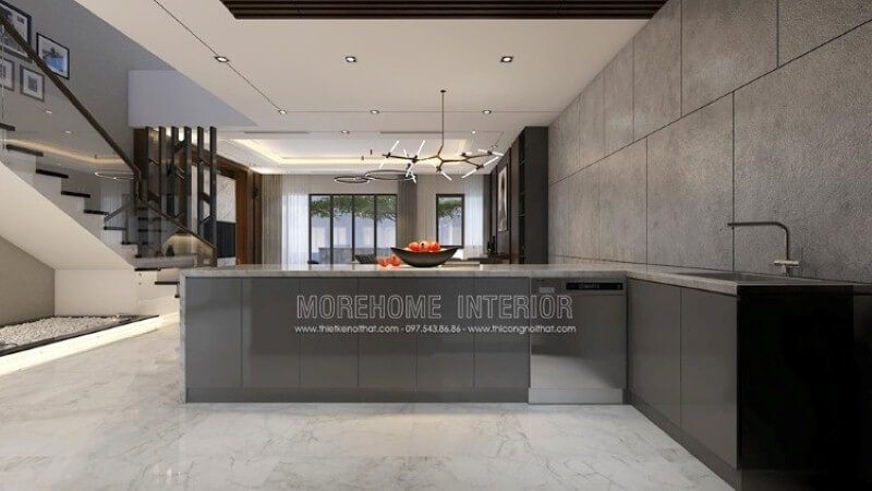 Mẫu bàn đảo bếp độc đáo với trang trí nội thất hiện đại sang trọng từ bộ tủ gỗ công nghiệp acrylic An Cường được phủ bề mặt đá ốp nâu vân chỉ đẹp sang trọng.