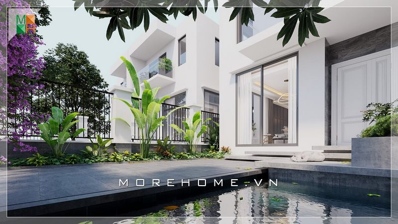 Thiết kế kiến trúc ngoại thất biệt thự cao cấp, sang trọng, với cây xanh và hồ cá trước cửa nhà, với ý nghĩa phong thủy mong muốn mang đến tài lộc, vượng khí cho gia đình